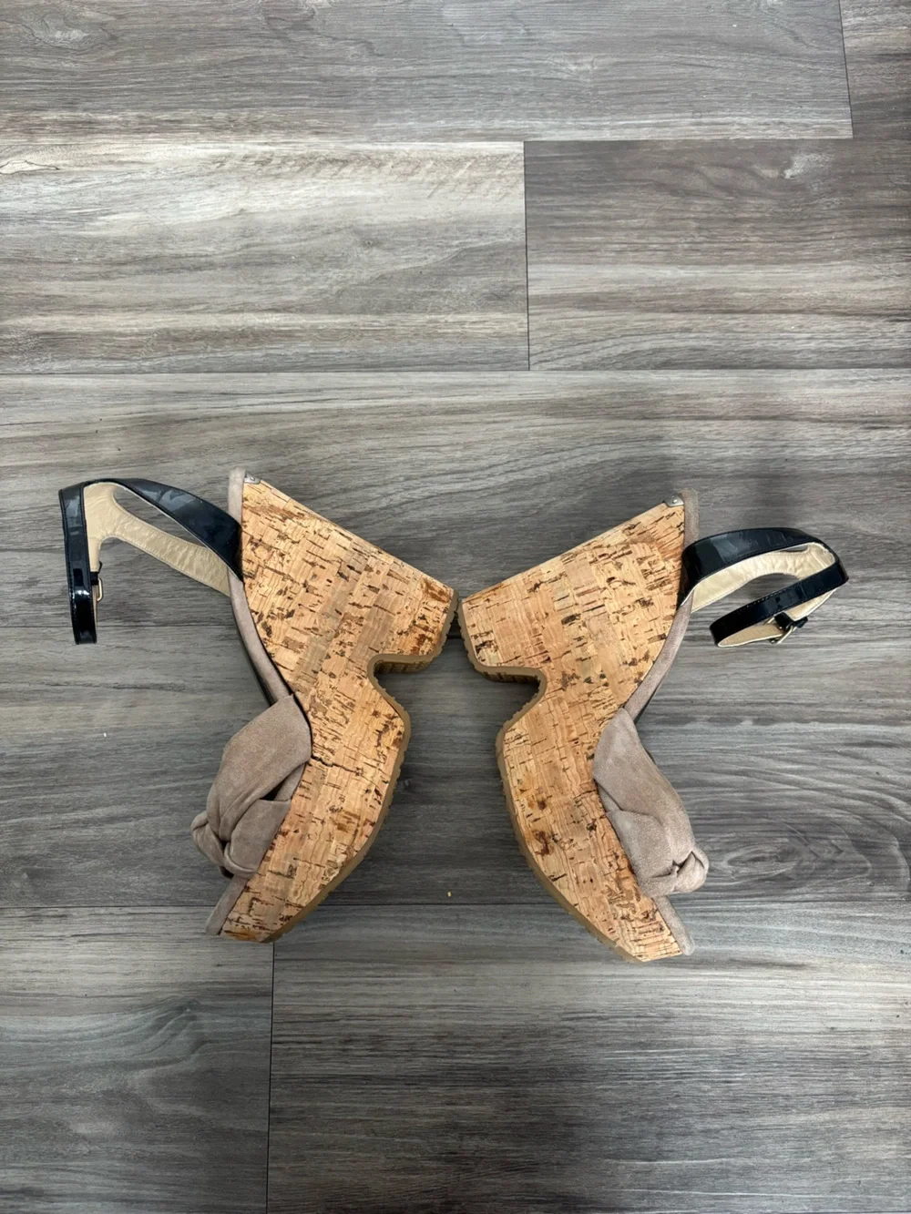 Jimmy Choo Women’s Cork Wedge Sandals with Taupe Suede KnotBlack Patent Straps